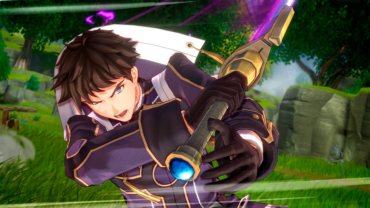 Leonhardt mid-slash with a glowing dual blade during a field fight in Trails in the Sky 2nd Chapter