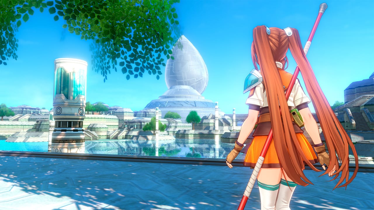 Estelle Bright overlooking a Liberl city plaza and white tower in Trails in the Sky 2nd Chapter